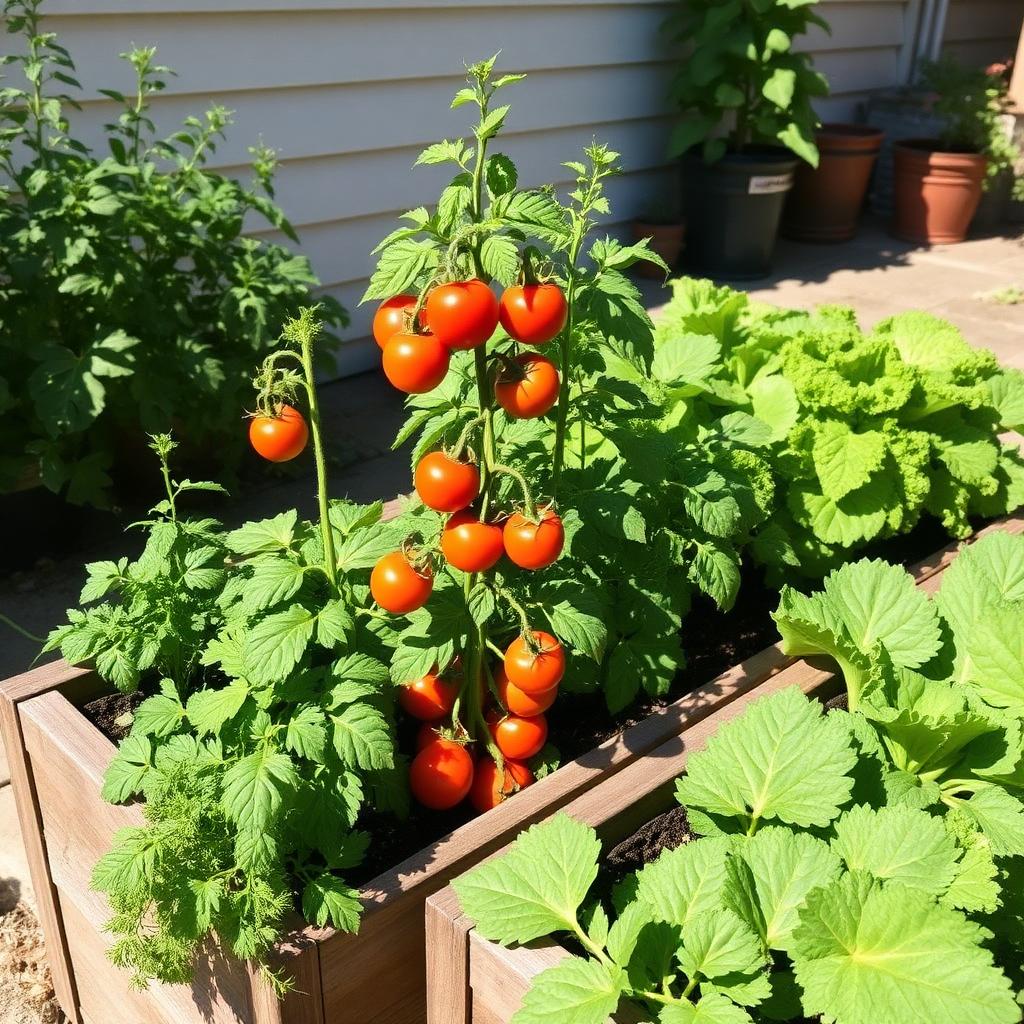 Huerto urbano con tomates y hortalizas
