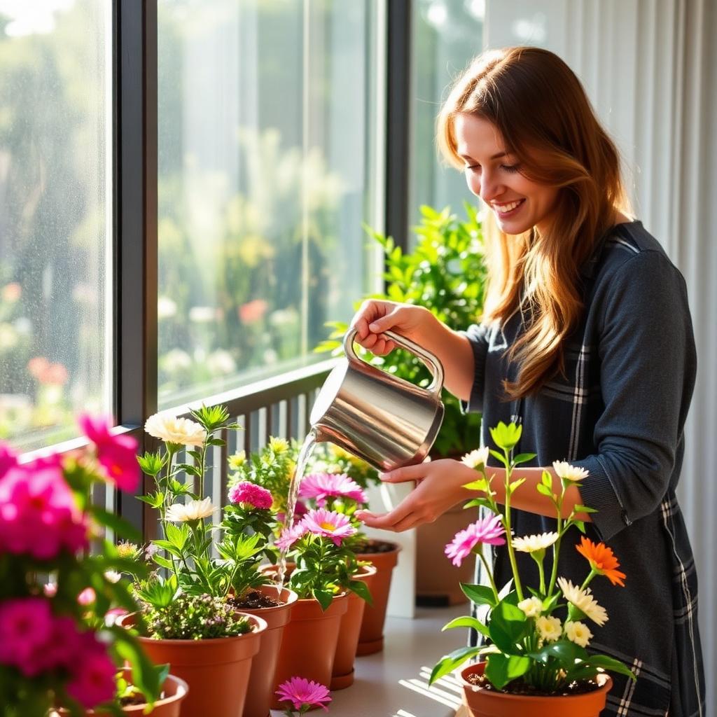 Mujer regando flores en su balcón